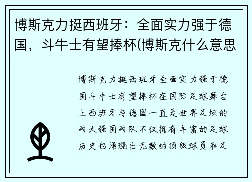 博斯克力挺西班牙：全面实力强于德国，斗牛士有望捧杯(博斯克什么意思)