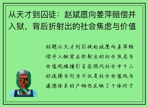 从天才到囚徒：赵斌愿向姜萍赔偿并入狱，背后折射出的社会焦虑与价值观碰撞